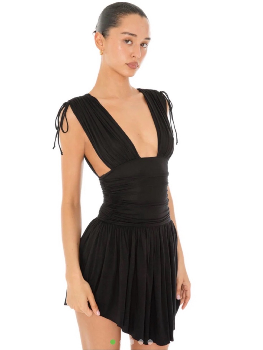 AreYouAmI Black Deep V Ruched Mini Dress